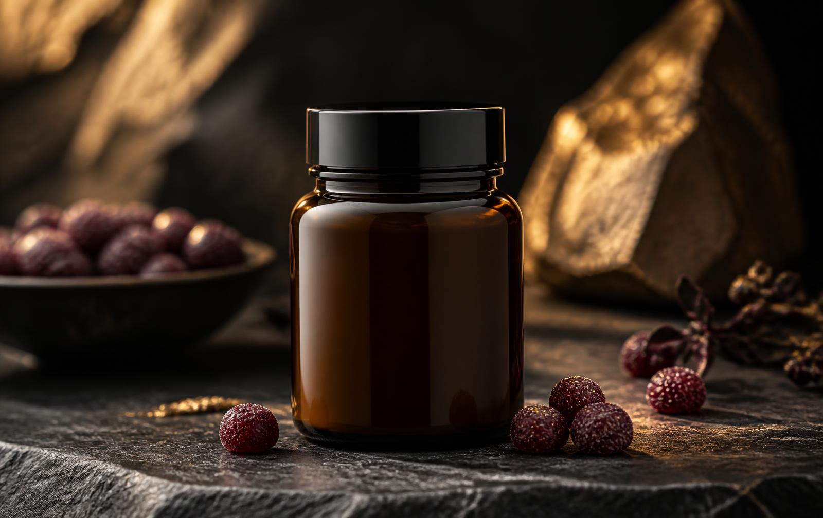 Amber jar of OmniSurgeXL Male Enhancement Gummies on a dark stone surface